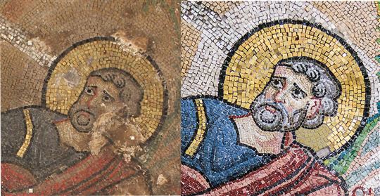 Das Bild des heiligen Petrus vor und nach der Restaurierung.