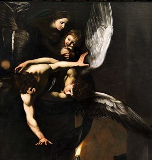 Die sieben Werke der Barmherzigkeit (Detail) von Merisi Michelangelo ( Caravaggio). Neapel, Kirche Pio Monte della Misericordia
