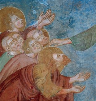 Christus und die Apostel. Detail aus den Fresken mit Szenen des Lebens Jesu, Chiesa di Santa Margherita (ca. 13. Jh.), Vigo di Cadore (Belluno), Italien.©Archivi Alinari, Florenz
