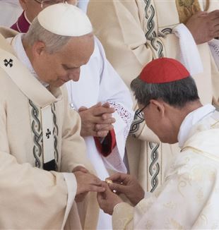 Papst Leo XIV. erhält den Fischerring von Luis Antonio Tagle während der Heiligen Messe zum Beginn seines Pontifikats. Rom, Vatikan, 18. Mai 2025 (©Andrea Colarieti / Catholic Press Photo)