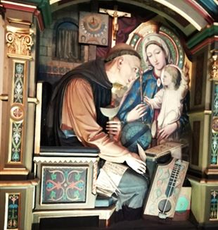 Hermann in Verehrung des Christuskindes, Holzbildwerk von Josef Zodel, 1885, Schloss- und Pfarrkirche St. Michael, Altshausen